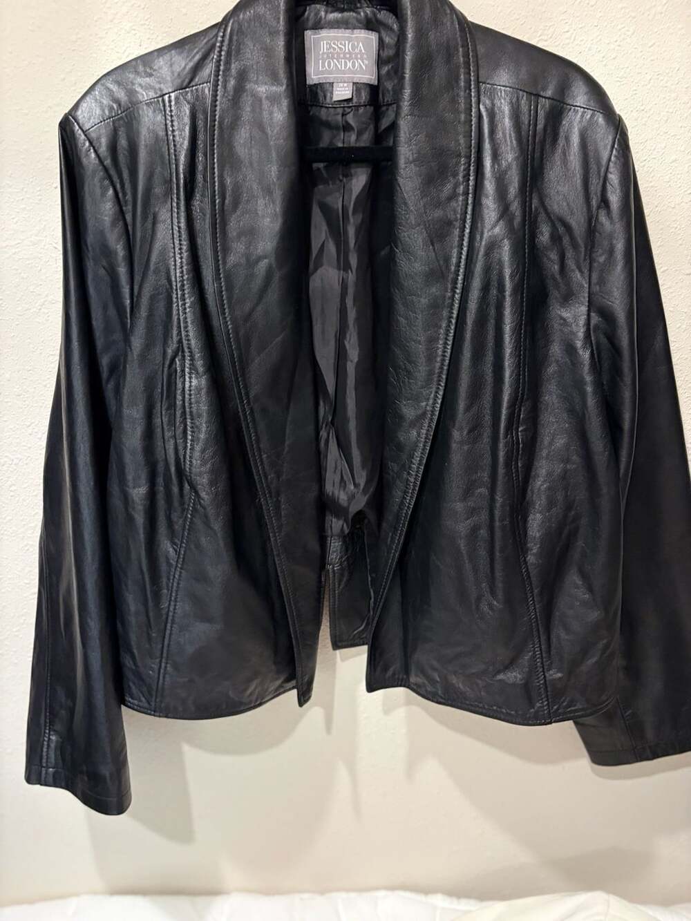 Jessica London Black 100% Leather Shawl Collar Jacket Size 26W